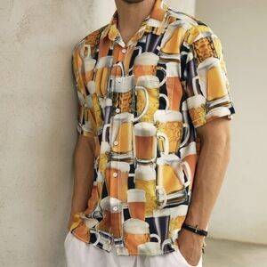 Hardaddy Man's Beer Print  Button Up Short Sleeve Size 3XL